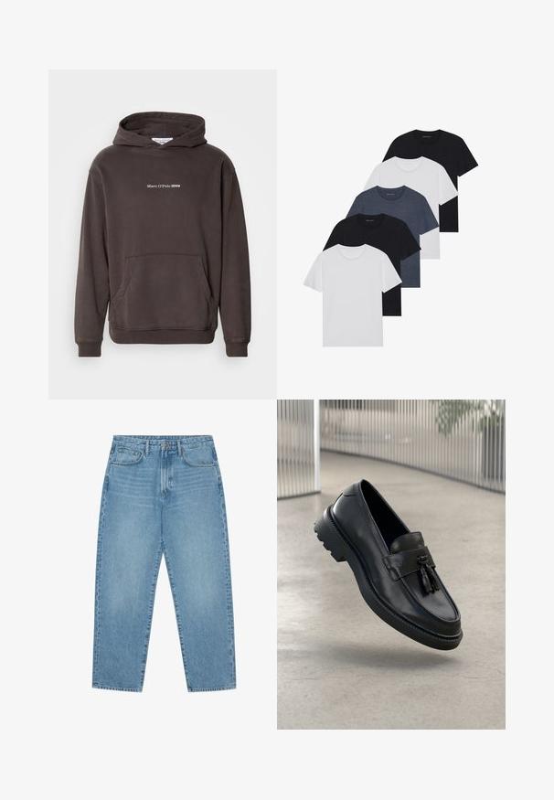 Brown hoodie with a front pocket, ribbed cuffs, and hem. Features a white logo text "Marc O'Polo DENIM" on the chest. Soft material.; Set of five t-shirts in black, white, and navy blue. Cotton fabric, short sleeves, crew neck design, and plain texture with no patterns.; Light blue denim wide-leg jeans with a high waist, featuring five pockets, belt loops, and a soft, slightly faded texture.; Black leather loafers with a smooth finish, decorative tassel, thick rubber sole, and stitched accents. Lightweight and sleek design.