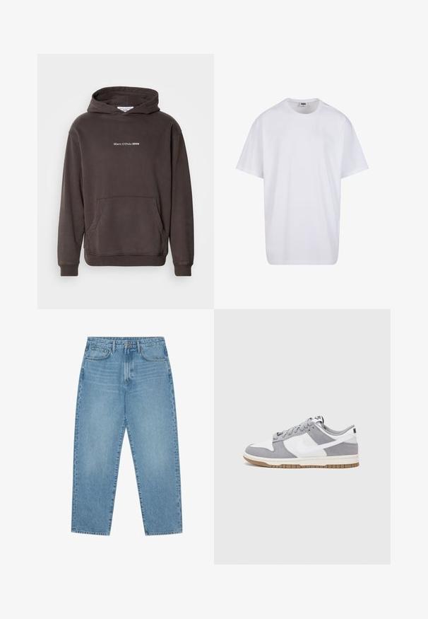 Hoodie brun avec une poche avant, des poignets et un ourlet côtelés. Présente un texte de logo blanc "Marc O'Polo DENIM" sur la poitrine. Matière douce.; T-shirt en coton blanc avec des manches courtes, un col rond, une coupe décontractée et sans logos ni motifs visibles. Texture lisse et design minimaliste.; Jean large en denim bleu clair avec taille haute, dotés de cinq poches, passants de ceinture et d'une texture douce légèrement délavée.; Baskets grises et blanches avec un dessus en suède et cuir, bout rond, lacets plats et semelle en caoutchouc avec une touche de gomme.