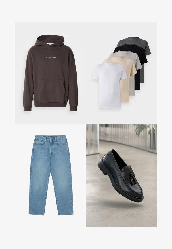 Hnědá mikina s kapucí, přední kapsou, vroubkovanými manžetami a lemem. Na hrudi je bílý text s logem "Marc O'Polo DENIM". Měkký materiál.; Sada pěti triček s krátkým rukávem v bílé, béžové, světle šedé, tmavě šedé a černé barvě. Vyrobena z hladké bavlny, s designem kulatého výstřihu.; Světle modré džínové kalhoty se střihem rovného střihu, pěti kapsami a mírně vybledlou texturou. Mají zapínání na knoflík a zip.; Černé kožené mokasíny s hladkým povrchem, dekorativní střapec, silná gumová podrážka a prošité detaily. Lehký a elegantní design.