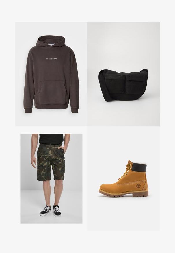 Brązowa bluza z kapturem z przednią kieszenią, z prążkowanymi mankietami i dołem. Na piersi znajduje się biały napis "Marc O'Polo DENIM". Wykonana z miękkiego materiału.; Szorty cargo w kamuflażu z kieszeniami cargo, wykonane z tkaniny plecionej w odcieniach zieleni i brązu. W zestawie z czarnymi sneakersami z białymi sznurowadłami.; Brązowy skórzany but za kostkę z metalowymi oczkami, białym futerkiem w środku, czarnym wyściółką, solidną podeszwą i wytłoczonym logo po boku.; Czarny torba na ramię z kordurowego materiału z regulowanym paskiem, z przednimi kieszeniami i miękką teksturą. Kompaktowy design z minimalnymi detalami.