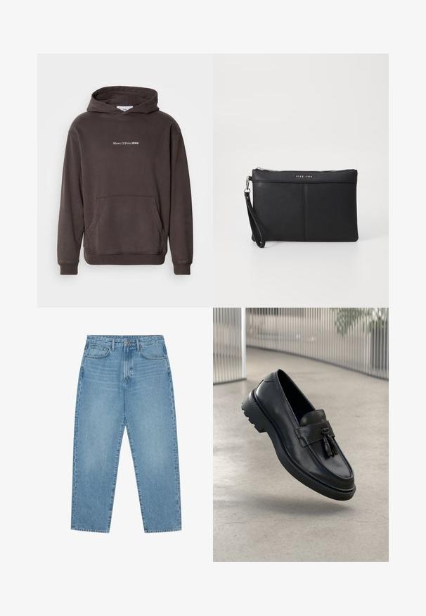 Bruine hoodie met een voorzak, geribbelde manchetten en zoom. Bevat een witte logo tekst "Marc O'Polo DENIM" op de borst. Zacht materiaal.; Lichtblauwe denim jeans met een rechte pijp, vijfzakkenontwerp en een licht verweerde look. Voorzien van een knoop- en ritssluiting.; Zwarte leren loafers met een gladde afwerking, decoratieve kwast, dikke rubberen zool en gestikte accenten. Lichtgewicht en strak ontwerp.; Zwarte synthetische clutch met een ritssluiting, polsbandje en een gladde textuur. Kenmerkt zich door subtiele stiksels en een op de voorkant geperst logo.