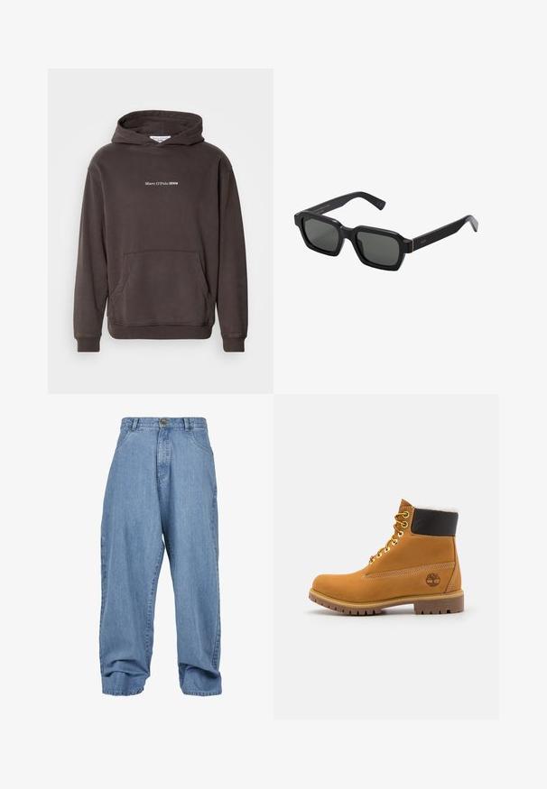 Brown hoodie with a front pocket, ribbed cuffs, and hem. Features a white logo text "Marc O'Polo DENIM" on the chest. Soft material.; Light blue denim trousers with a loose fit, button closure, front pockets, and a cuffed hem, featuring a classic five-pocket design.; Brown leather ankle boot with metal eyelets, white fur lining, black padded collar, rugged sole, and embossed logo on the side.; Black, square-shaped sunglasses with gray lenses. Thick plastic frames feature gold accents and branding on the temple. Smooth texture.