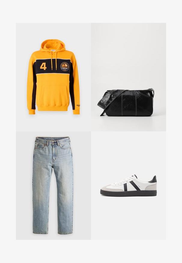 Žlutá a černá mikina s kapucí, přední kapsou, bílým pruhem, číslem "4" a kruhovým logem s palmami a nápisem "Miami 2025."; Svetle modré džíny z denimu s vysokým pasem, předním knoflíkem, zipem a designem s pěti kapsami, ležící rovně na neutrálním pozadí.; Bílé tenisky s černými a šedými akcenty, opatřené texturovaným šedým prstovým krytem, černou gumovou podrážkou a plochými bílými tkaničkami. Čistý design, minimalistický styl.; Černá kožená kabelka přes rameno se zapínáním na zip, s texturovaným tělem, bílým prošíváním a popruhem se stříbrnými očky.