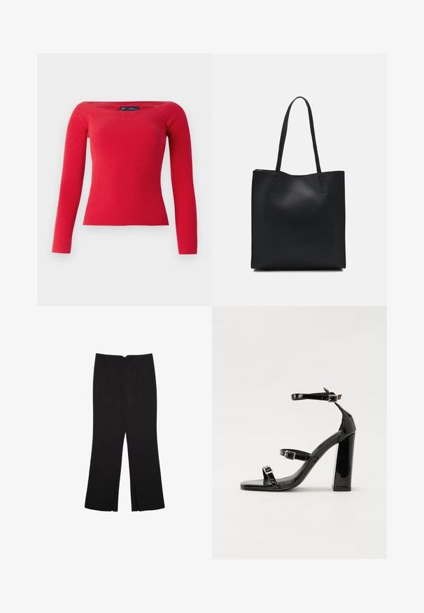 Crvena rebrasta dukserica dugih rukava s širokim izrezom i prilagođenim krojem, rađena od rastezljivog pletenog materijala.; Crne hlače ravnog kroja, s prednjim džepovima i bočnim prorezima na rubu. Izrađene od mekog i glatkog materijala. Pogodne za razne prigode.; Crne lakirane sandale na pete sa kvadratnim nosom, trakama oko gležnja i srebrnim kopčama. Imaju čvrst blok petu za stabilnost.; Crna kožna torba za nošenje s glatkom teksturom, pravokutnim oblikom i dvije duge ručke. Nema vidljivih metalnih dijelova ili ukrasa.