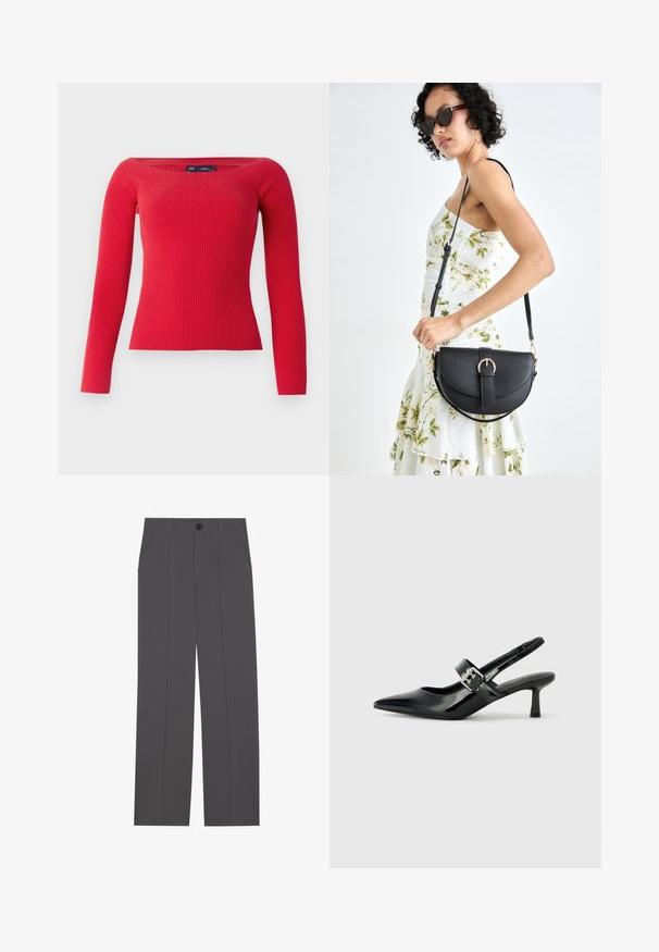 Suéter vermelho de manga longa com nervuras, com um decote largo e uma silhueta ajustada, feito de um tecido de malha elástica.; Calças cinzas com um design de perna reta, apresentando dois bolsos laterais e um fecho de botão. Tecido suave sem padrões ou detalhes visíveis.; Saltos slingback em verniz preto com bico pontiagudo e um pequeno salto bloco, apresentando um detalhe de fivela prateada na tira.; Bolsa de couro preta com forma curva, alça destacável e detalhes em dourado. A bolsa possui uma aba com detalhe de fivela.