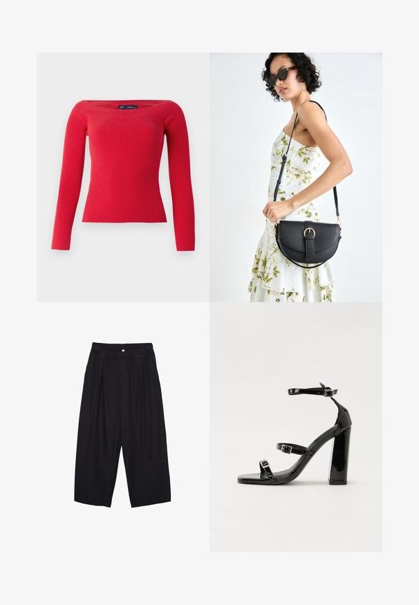 Pull rouge à manches longues côtelé avec un grand col et une silhouette ajustée, fabriqué en tissu tricoté extensible.; Pantalon culotte noir en polyester avec une taille élastique, deux plis avant et une silhouette ample. Pas de motifs visibles ni de détails matériels.; Sandales à talons vernies noires avec un bout carré, des sangles autour de la cheville et des boucles en argent. Dotées d'un talon bloc épais pour plus de stabilité.; Sac à main en cuir noir avec une forme courbée, bandoulière amovible et des accessoires en or. Le sac est doté d'un rabat avec un détail de boucle.