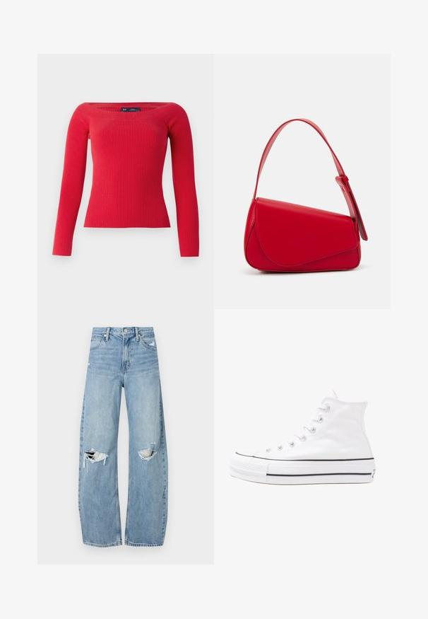 Red ribbed long-sleeve sweater with a wide neckline and a fitted silhouette, made from a stretchy knit fabric.; Light blue, high-waisted jeans made of denim. Feature wide legs, two torn knee areas, and classic five-pocket styling.; White high-top canvas sneaker with black rubber sole, front rubber toe cap, and six eyelets for laces, featuring a clean, minimalist design.; Red leather handbag with an angular, geometric design. Features a single adjustable strap and a flap closure with stitched detailing.