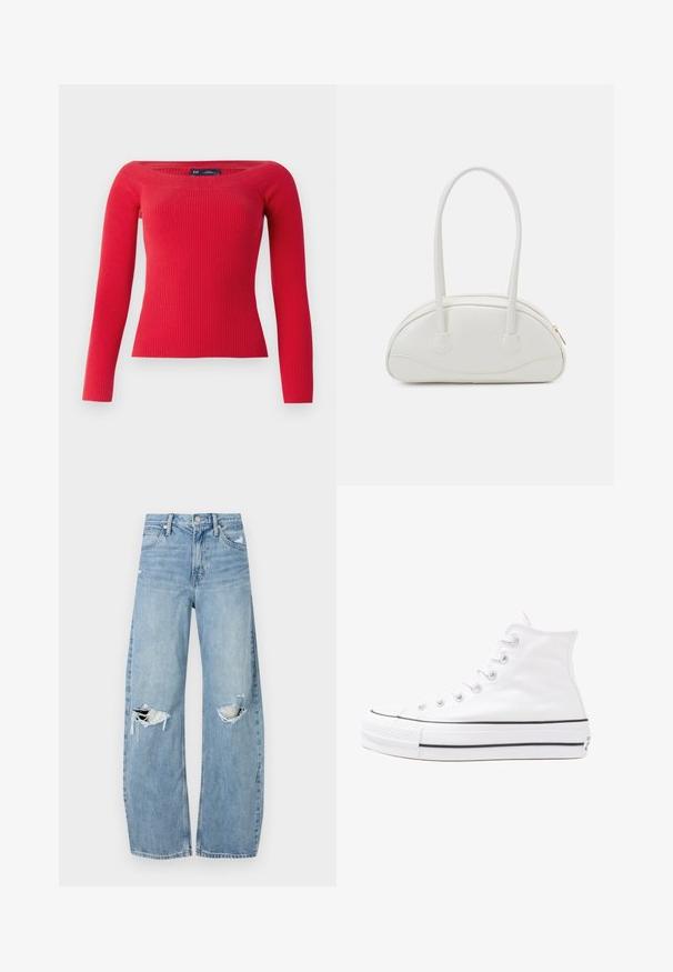 Maglione rosso a coste con maniche lunghe, un ampio scollo e una silhouette aderente, realizzato in un tessuto a maglia elasticizzato.; Jeans azzurri chiari a vita alta realizzati in denim. Presentano gambe larghe, due aree strappate sulle ginocchia e il classico styling a cinque tasche.; Sneaker alta in tela bianca con suola in gomma nera, punta in gomma frontale e sei asole per i lacci, caratterizzata da un design pulito e minimalista.; Even&Odd Borsa a mano - off-white