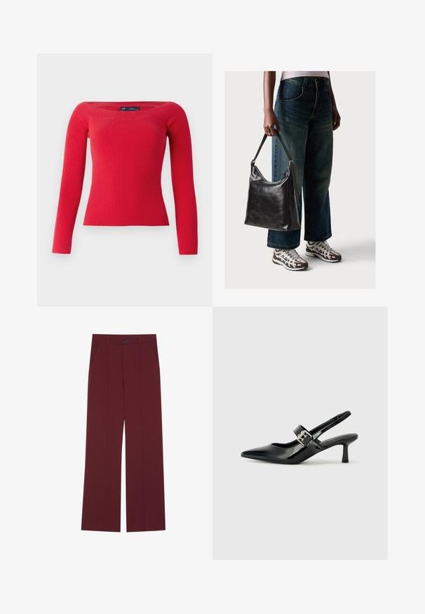 Rode geribbelde sweater met lange mouwen en een ruime halslijn, heeft een aansluitende pasvorm en is gemaakt van een rekbare brei stof.; Bordeauxkleurige broek met een wijd pootontwerp, voorzien van een knoopsluiting, twee zijzakken en vooraan geplooide details. Soepele stofstructuur.; Zwarte gepatineerde leren slingback hakken met een puntige neus en een kleine blokhak, met een zilveren gespaccent op de band.; Zwarte leren schoudertas met een gladde textuur en een verstelbare strap, gecombineerd met vervaagde wijde jeans en sportieve sneakers.