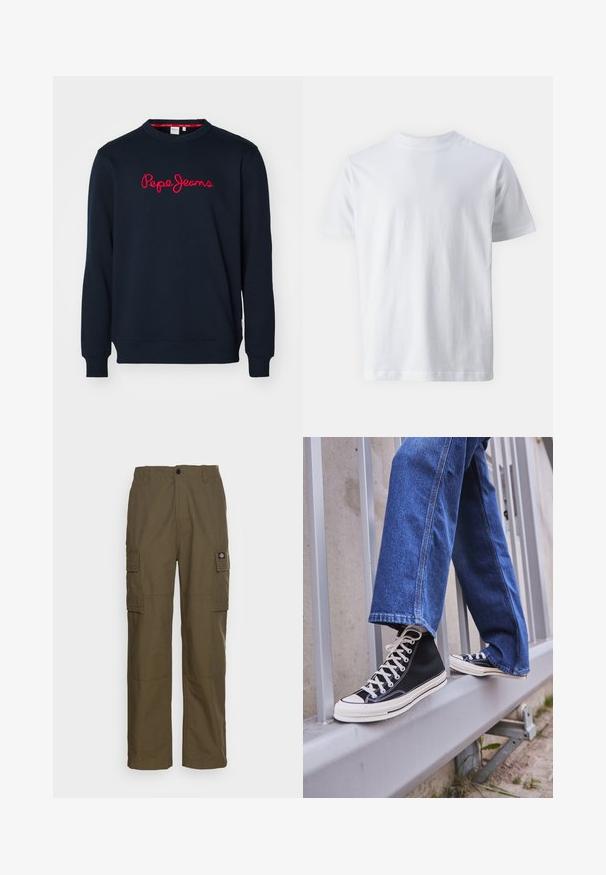 Tumbra zila kokvilnas sporta jaka, kurai ir garas piedurknes, apaļa kakla izgriezums un uz priekšu izšūts sarkans "Pepe Jeans" logs.; Balts īsām piedurknēm t-krekls, kas izgatavots no kokvilnas, ar apaļu kakla izgriezumu un gludu tekstūru, ar taisnu griezumu un bez rakstiem.; Kargo bikses olīvzaļā krāsā, izgatavotas no izturīga auduma. Iespējas divas sānu kabatas, standarta viduklis un taisnas kāju dizains.; Melnas augstas kedas ar baltu zoli un auklām, apvienotas ar brīvām zilām džinsām, atpūšoties uz pelēka margotā balsta.