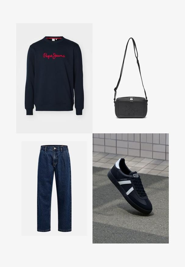 Mörkblå sweatshirt i bomull, med långa ärmar, rund halsringning och röd broderad "Pepe Jeans" logotyp på framsidan.; Mörkblå denimjeans med rak bendesign. Har synliga sömmar, knappstängning och framträdande veck för extra detalj.; Svart lädersneaker med vita ränder, texturerad gummisul, och snörning fram. Har en märkesskylt på tungan.; Svart läder crossbody-väska med dragkedjestängning, präglad logga på framsidan och justerbar rem. Slät textur med rektangulär form.
