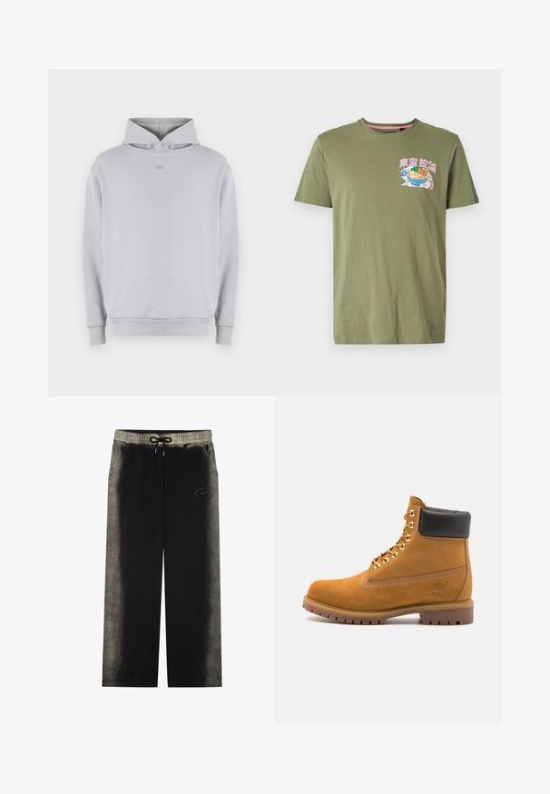 Helles grauer Hoodie mit einem runden Ausschnitt, langen Ärmeln, gerippten Bündchen und einem dezent gestickten Logo auf der Brust. Weiches Material und lässige Passform.; Olivenfarbener Baumwoll-T-Shirt mit einem bedruckten Design einer Schale mit Essen in Pink, Blau und Grün, mit Rundhalsausschnitt und kurzen Ärmeln.; YOURTURN UNISEX - Jogginghose - black; Beige Wildleder-Ankle-Boot mit schwarzem gepolstertem Kragen, goldenen Metallösen, weißen Nähdetalben und einer robusten Gummisohle mit ausgeprägtem Profil.