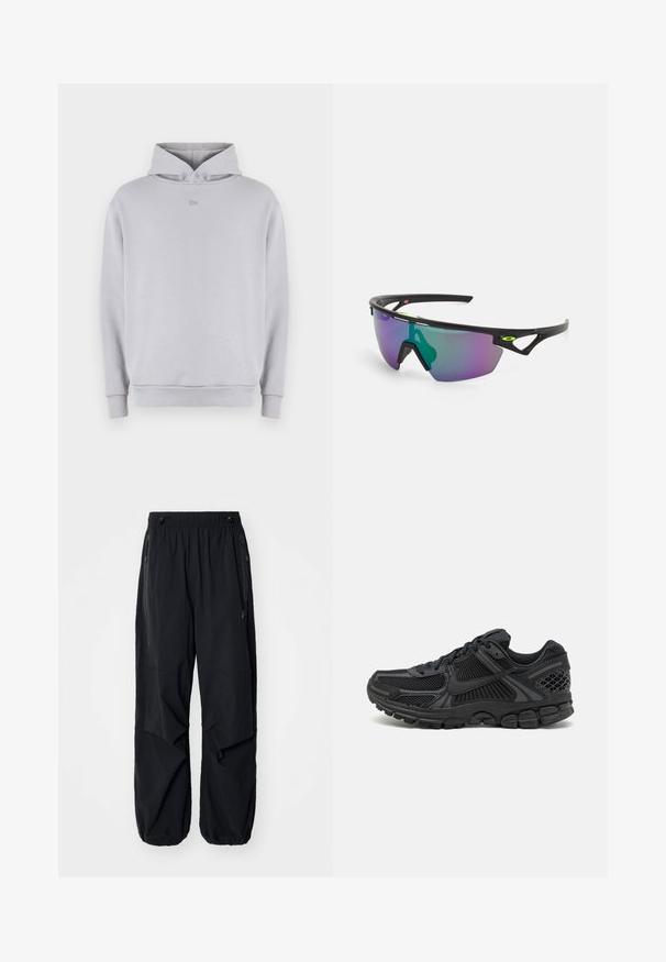Helles grauer Hoodie mit einem runden Ausschnitt, langen Ärmeln, gerippten Bündchen und einem dezent gestickten Logo auf der Brust. Weiches Material und lässige Passform.; Schwarze leichte Cargo-Hosen mit elastischem Bund, seitlichen Reißverschlüssen und geräumigen Taschen. Bietet eine lockere Passform und tapered Bündchen.; Schwarzer Sportschuh mit mesh-Obermaterial, Gummisohle und strukturierten Akzenten. Das Design umfasst ein ausgeprägtes Schnürsystem und eine gepolsterte Sohle.; Sportsonnenbrille mit einem schwarzen Rahmen, großen Verlaufslinsen in lila und grünen Farbtönen sowie winkeligen Designelementen mit Logodetails.