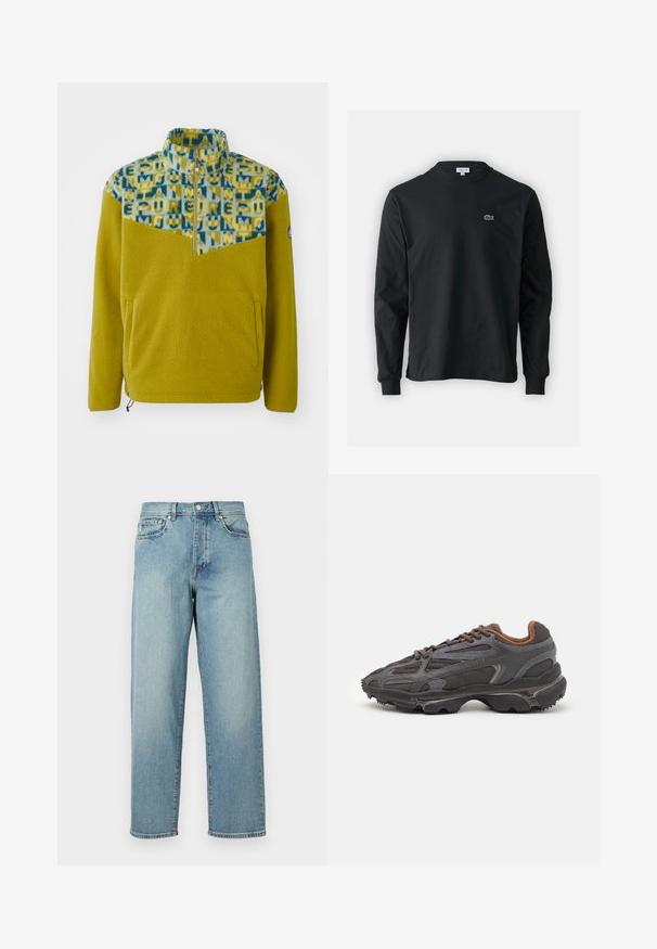 Pullover de fleece amarelo com uma parte superior padronizada em azul e amarelo. Apresenta um colarinho com fecho de meia zip, bolsos laterais e detalhes em elástico na orla.; Camisola preta de manga longa feita de algodão, com decote redondo e um pequeno logótipo de crocodilo bordado em verde no lado esquerdo do peito.; Jeans de denim azul claro com um corte solto, pernas retas, design de cinco bolsos e fecho de botão na cintura. Detalhe de costura minimalista.; Ténis Lacoste em cinza-escuro com material em malha e sintético, apresentando uma sola texturizada e detalhes castanhos na gola e na marca.