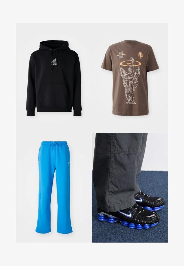 Schwarzer Hoodie aus Baumwollmischung mit einer Vordertasche, Kapuze mit Kordelzug und weißem Grafikdruck von Bäumen auf der Brust. Weiche Textur.; Braunes Baumwoll-T-Shirt mit einer weißen Umrissgrafik einer geflügelten Statue, dem Nike-Logo und abstrakten Formen in Orange, mit kurzen Ärmeln und Rundhalsausschnitt.; Blaue Sweatpants aus weichem Stoff, mit lockerer Passform, elastischem Bund mit Kordelzug und einem kleinen weißen Logo auf der linken Seite.; Schwarze Sportschuhe mit blauen und silbernen Akzenten, ausgestattet mit einem strukturierten Obermaterial, einem markanten Sohledesign und einem Schnürsystem. Auf einem blauen Teppich platziert.