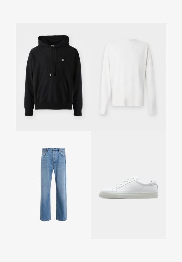 Czarna bluza z kapturem, wykonana z miękkiej bawełny, z kieszenią typu kangur na przodzie, regulowanym sznurkiem przy kapturze oraz małym białym logo na klatce piersiowej.; Biała, bawełniana koszula z długim rękawem, okrągłym dekoltem, bocznymi rozcięciami na dole oraz gładką fakturą, wyeksponowana z tyłu.; Jasnoniebieskie dżinsy o prostym kroju, pięć kieszeni, zapięcie na guzik, minimalne blaknięcia i kontrastowe wykończenia szwów.; Białe sneakersy z gładką skórzaną cholewką i niskim profilem. Posiadają okrągły nos, sześć dziurek na sznurówki oraz teksturowaną gumową podeszwę.