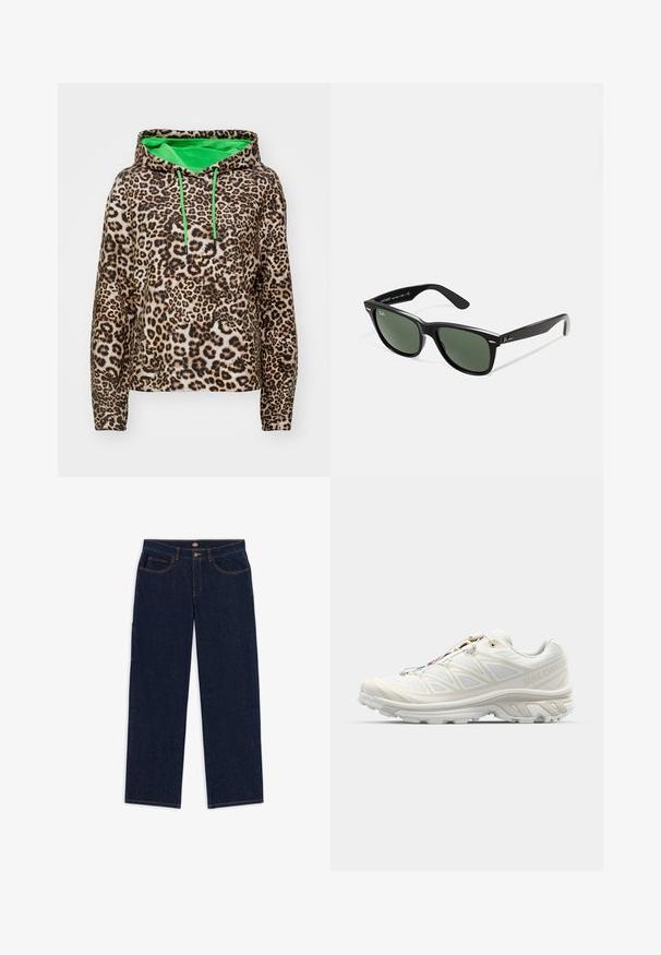 Luipaardprint hoodie met een groene binnenvoering, trekkoord en een ontspannen pasvorm. Gemaakt van zachte, gestructureerde stof.; Donkerblauwe denim jeans met een rechte pasvorm, vijf zakken en contrasterende oranje stiksels. De tailleband heeft een metalen knoop en een ritssluiting.; Witte hardloopschoen met een ademende mesh bovenkant, geprofileerde accenten en een gevoerde zool. Voorzien van een snelvetersysteem voor gemakkelijke pasvorm.; Zwarte plastic zonnebril met groene lenzen, vierkante montuur, zilveren accent op de wenkbrauw en een gestructureerde tempel. Merken vermeld op de binnenkant van de arm.