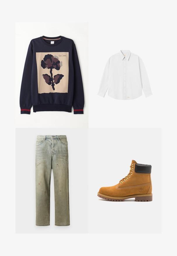 Námornícky sveter s centrálnym béžovým panelom a veľkým tmavým kvetinovým vzorom. Hladké manžety s červenými akcentmi. Mäkký materiál.; Biela košeľa s gombíkmi a klasickým golierom, dlhými rukávmi a zaobleným lemom; obsahuje malé oranžové logo na dolnej ľavej strane.; Zničené džínsy vo svetlozelenej farbe s rovnými nohavicami, piatimi vreckami a nerovnomerným vyblednutím so škvrnami od farby.; Tyrkysové semišové členkové topánky s čiernym polstrovaným golierom, zlatými kovovými očkami, bielym prešívaním a robustnou gumovou podrážkou s výraznými drážkami.