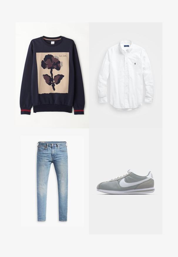 Granatowy sweter z centralnym beżowym panelem, ozdobiony dużym ciemnym kwiatowym wzorem. Ściągacze rękawów z czerwonymi akcentami. Miękki materiał.; Biała, bawełniana koszula z długim rękawem zapinana na guziki. Posiada klasyczny kołnierzyk, mankiety zapinane na guziki oraz małe, granatowe, haftowane logo na klatce piersiowej.; Jasnoniebieskie, dopasowane dżinsy z lekkim przetarciem na udach, z zapięciem na guziki z przodu, pętelkami na pasek oraz pięcioma kieszeniami, na białym tle.; Szare buty sportowe z cholewką z zamszu i tekstyliów, białym logo Nike i białymi sznurówkami. Posiadają teksturowaną gumową podeszwę i wyściełany kołnierz.