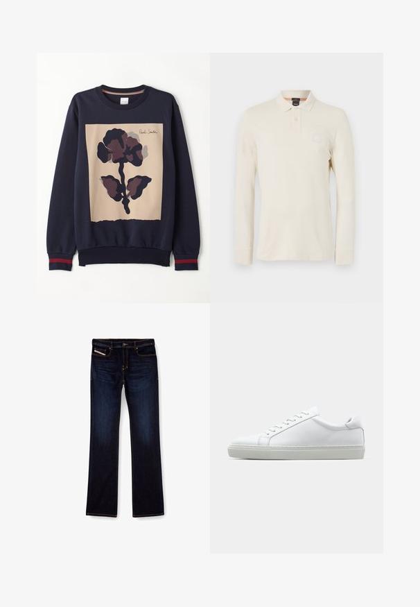 Marineblauw sweatshirt met een centraal beige paneel en een grote donkere bloemenprint. Geribde manchetten met rode accenten. Zachte stof.; Langarm polo shirt in lichtbeige, gemaakt van gladde stof, met een polokraag, een knoopsluiting met twee knopen en een klein logopatch op de borst.; Donkerblauwe denim jeans met een rechte pijp, voorzien van oranje stiksels, een ritssluiting en voorzakken. Glad oppervlak en een standaard tailleband.; Witte sneaker met een gladlederen bovenwerk en een laag profiel. Voorzien van een ronde neus, zes vetergaatjes en een gestructureerde rubberen zool.