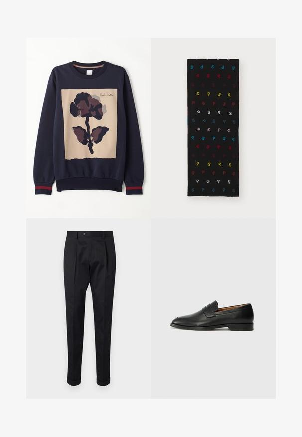 Tengerészeti pulóver, amely középen egy nagy sötét virágmintával rendelkező bézs panelel rendelkezik. Bordás mandzsetta piros díszítéssel. Puha anyag.; Fekete nadrág sima anyagból, elöl hajtással, gombos záródással és felgöngyölt szárakkal a bokánál.; Fekete bőr mokaszin, kerek orral, diszkrét varrásokkal és alacsony sarokkal, sima felülettel és minimalista dizájnnal.; Fekete sál, amelyen ismétlődő, multicolor "P" minták láthatók piros, sárga, kék, rózsaszín és fehér színekben. Puha anyag, szakadt széllel.