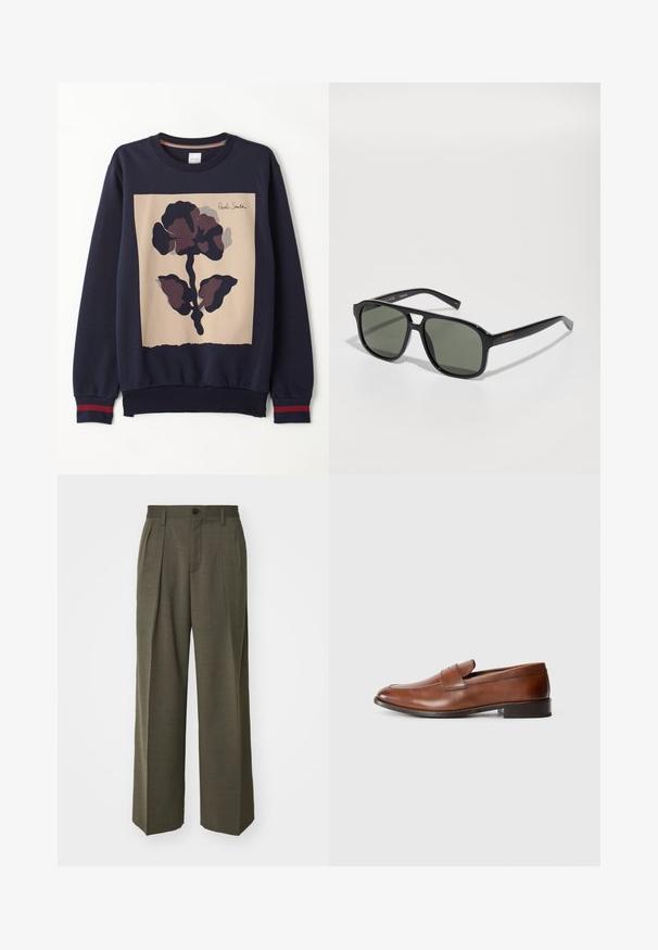 Sweatshirt azul-marinho com um painel central bege e uma grande estampa floral escura. Mangas com punhos canelados e detalhes vermelhos. Material macio.; Filippa K WIDE TROUSERS - Calças - driftwood; Mocassins de pele castanha com bico arredondado, costura mínima e um pequeno salto quadrado. Apresenta uma tira decorativa à volta do peito do pé.; Óculos de sol retangulares pretos com lentes verdes, armação brilhante, detalhes metálicos e acento em dourado do logótipo na haste.