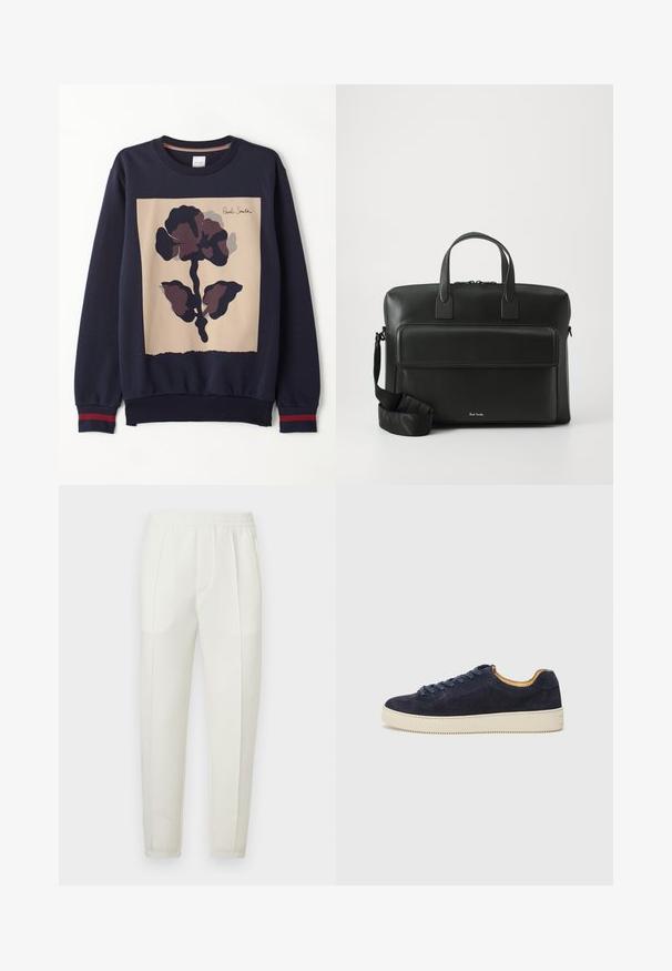 Tamsiai mėlynas džemperis su centriniu šviesiai rudu panele ir dideliu tamsiu gėlių raštu. Džemperio rankogaliai su raudonais akcentais. Minkšta medžiaga.; Balti siauro fasono kelnės su elastiniu liemeniu, turinčios dvi šonines kišenes ir lygią, šiek tiek blizgią tekstūrą.; Jūros laivyno zomšiniai žemakulniai sportbačiai su apvaliu nosiu, šviesiai balta guma sole ir atitinkančiomis raištelėmis; turi kontrastingą tan spalvos vidinę pamušalą.; Juodas odinis darbų krepšys su dviem viršutiniais rankenomis, priekinėmis kišenėmis ir nuimama juosta, su subtiliu prekės ženklu apačioje.