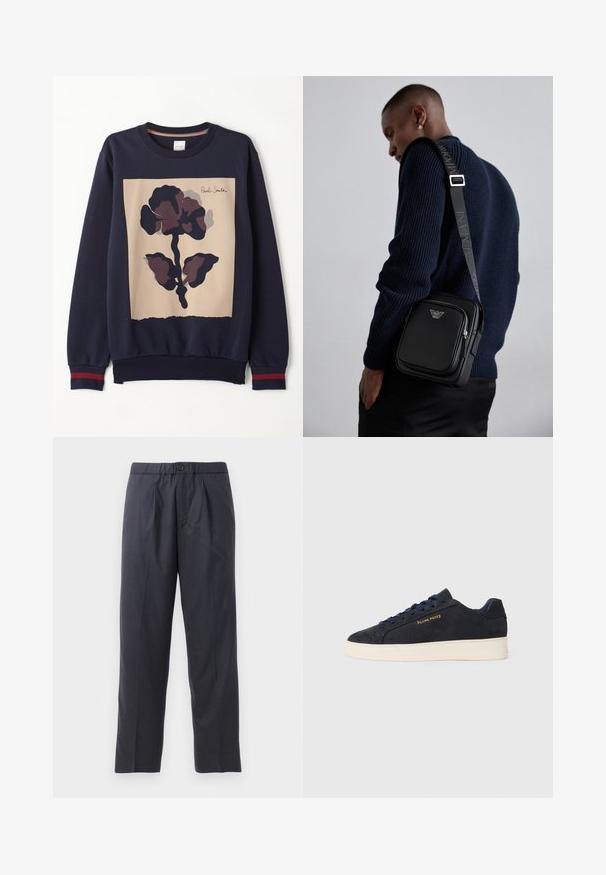 Tumesinine sviiter, millel on keskne beež paneel, millel on suur tumeda lillemustriga print. Ribidega mansetid punaste aktsentidega. Pehme materjal.; Tumed sinised püksid pehmest kangast, mille esiosal on volditud disain ja elastne vöökoht. Varustatud nupuga sulgemisega ja sirge lõikega.; Tumedat sinine seemisnahast madala profiiliga tennis, valge tossutald, tumesinised paelad ning küljes kuldne "Filling Pieces" logo.; Must mustast nahkrist kotti, millel on lukkudega sektsioon, logo detail ja bränditud reguleeritav rihm. Kanda tekstuurse tumesinise sviitri vastu.