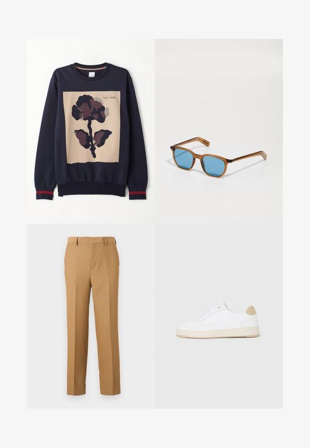 Jūras spēku pūka ar centrālu bēšas krāsas paneli, uz kura ir liels tumšu ziedu raksts. Ribota aproce ar sarkaniem akcentiem. Mīksts materiāls.; Bēšas krāsas bikses noaustā audumā, ar taisnu griezumu, plakanu priekšu un jostas cilpām. Gluda tekstūra bez redzamām rakstām.; Baltās zemas kedas ar faktūru ādas virsu, krēmkrāsas rievojamu zoli un brūnu pacēlumu uz papēža. Iekļauj baltas auklas un logo detaļu uz papēža.; Brūnā plastmasas rāmja saulesbrilles ar ziliem stikliem, kvadrātveida forma, plānas kājas, teksturēti akcenti uz tempļiem un pulēta apdare.