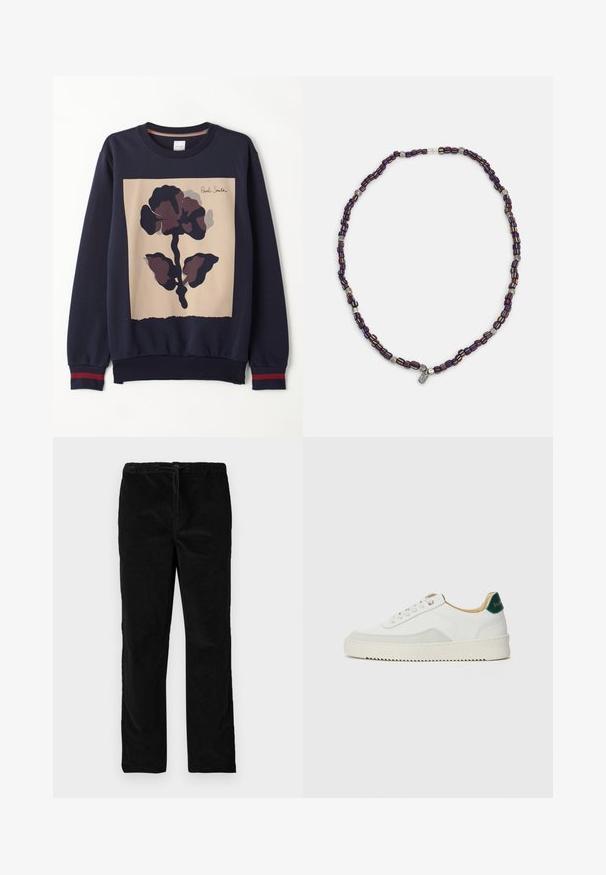 Marineblauw sweatshirt met een centraal beige paneel en een grote donkere bloemenprint. Geribde manchetten met rode accenten. Zachte stof.; Zwarte rechte fluwelen broek met elastische tailleband en voorste trekkoord, gepresenteerd tegen een eenvoudige witte achtergrond.; Witte sneaker met suède accenten, ronde neus, platte veters en een crème rubberen zool. Bevat groene branding op de hiel.; Multikleurige kralenketting met donkerblauwe, rode en gele kralen, afgewisseld met zilveren accenten en een hangende charme.