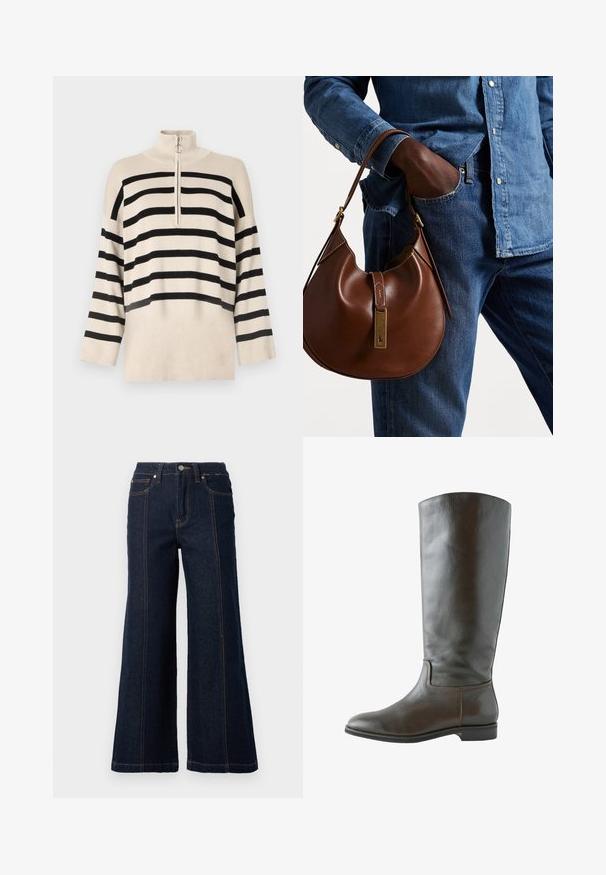 Bež džemper s crnim horizontalnim prugama, visokim ovratnikom i zatvaranjem na četvrtinu zipa. Napravljen od pletene tkanine s širokim rukavima.; Bijela košulja dugih rukava s klasičnom kragnom, napravljena od lagane tkanine, s prednjim gumbima i lagano širokim krojem.; Široke traperice u tamnom denimu. Imaju visoki struk, dva prednja džepa i kontrastnu narančastu šavnu nit duž šavova.; Smeđe kožne čizme do koljena s glatkom teksturom, okruglim vrhom i minimalnim detaljima šivanja. Potplat je ravan s niskim potpeticama.; Smeđa kožna hobo torba zaobljenog oblika, sa zlatnim metalnim detaljima i kontrastnim šavovima. Uparena s traper košuljom i trapericama.