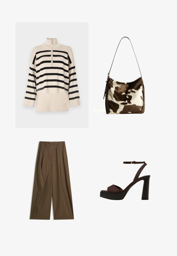 Beige trui met zwarte horizontale strepen, hoge kraag en een kwart rits sluiting. Gemaakt van gebreid materiaal met losse mouwen.; Bruine wijde broek met fijne witte streepjes, hoge taille, sluiting met een knop aan de voorkant en een overslagpaneel.; Bruine suède high-heeled sandaal met een open teen, verstelbare enkelband en een gestreepte plateauzool.; Bruine en crèmekleurige koeienhuid schoudertas met een gladde leren band, ritssluiting en een zachte, tekstuursurface met een natuurlijk patroon.