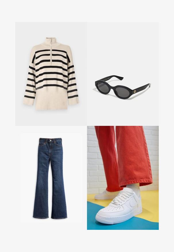 Beige sweater with black horizontal stripes, high collar, and a quarter zip closure. Made from knit material with loose-fitting sleeves.; High-waisted dark blue denim jeans with flared legs, front button and zipper closure, and five-pocket design.; White leather sneaker with perforated toe box, textured sole, and white laces, paired with wide red pants and a blue and yellow background.; Black oval sunglasses with dark lenses and glossy plastic frame. Features gold logo on the temple, offering a sleek and modern design.