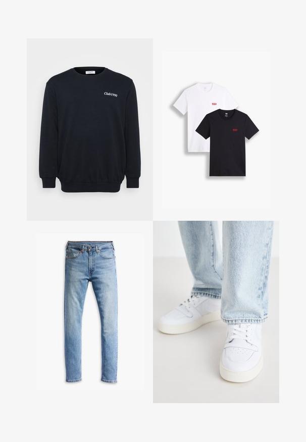 Melnā jaka ar garām piedurknēm, ribotām aprocēm un apakšmalu. Uz krūtīm ir balts teksts "Club1990". Izgatavota no mīksta, teksturēta auduma.; Divi īsās piedurkņu t-krekli: viens balts un viens melns. Abus izgatavoti no kokvilnas ar sarkano Levi's logo uz krūšu. Vienkārša apaļa kakla dizaina.; Gai zilgani džinsi ar taisnu piegriezumu, piecām kabatām, pogu aizdari un vieglu izbalējumu pa audumu.; Biezi balti ādas apavi līdz potītei ar perforētu purngalu, plakaniem šņorēm un minimālistisku dizainu. Saskaņoti ar gaiši ziliem džinsiem.