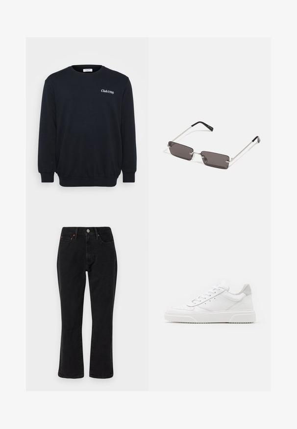 Juoda džemperis ilgomis rankovėmis, su raukšlėtais rankogaliais ir apatine dalimi. Krūtinėje - balti užrašai "Club1990". Pagamintas iš minkštos, tekstūrinės medžiagos.; Juodi džinsai išdenimo, tiesaus kirpimo, su penkiomis kišenėmis ir metalinėmis detalėmis su vario akcentais. Glotni tekstūra ir vidutinė liemens linija.; Balti odiniai sportbačiai su lygiu paviršiumi, apvaliu pirštu, plokščiomis raištelėmis ir struktūrizuota padu. Pilko zimšo akcentas ant kulno.; Akiniai nuo saulės su stačiakampiais, tamsiai pilkais lęšiais, sidabriniais metaliniais rėmeliais ir juodais plastikiniais galiukais. Lengvas dizainas su nosies pagalvėlėmis.