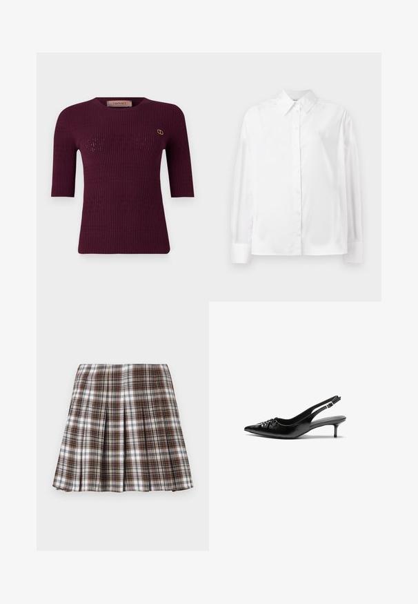 Burgunderfarbenes, geripptes Strickoberteil mit kurzen Ärmeln und Rundhalsausschnitt. Verfügt über dezente Ausschnittmuster und ein goldenes Logo auf der linken Brust.; Weißes Langarm-Hemd mit Knopfverschluss aus einer glatten Baumwollmischung. Verfügt über einen klassischen Kragen, eine Frontknopfverschluss und abgerundete Manschetten.; Brauner und weißer Karomuster-Faltenrock mit strukturiertem Design und knackiger Textur, der eine hohe Taille und mehrere vertikale Falten aufweist.; Schwarze Leder-Slingback-Absätze mit einer spitzen Zehenform, kleinen Kitten-Absätzen und einem dekorativen Knoten-Detail auf der Vorderseite. Glatte Textur über die gesamte Fläche.