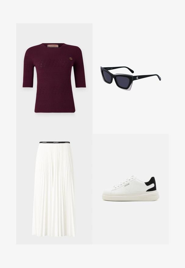 Μπλούζα σε μπορντώ από ριμπ πλέξη με κοντά μανίκια και στρογγυλή λαιμόκοψη. Περιλαμβάνει διακριτικά σχέδια κοπής και χρυσό λογότυπο στο αριστερό μέρος του στήθους.; Κοντή πλισέ λευκή φούστα με μαύρη ελαστική ζώνη που φέρει το λογότυπο "LACOSTE". Σχεδίαση μεσαίου μήκους με μαλακή υφή.; Λευκά δερμάτινα αθλητικά παπούτσια με χοντρή λευκή σόλα, μαύρη σουέτ λεπτομέρεια στην φτέρνα και ανάγλυφο λογότυπο στο πλάι. Σχέδιο με κορδόνια και έξι θηλιές.; Μαύρα υπερμεγέθη γυαλιά ηλίου με γεωμετρικό σχήμα, διαθέτοντας σκούρους φακούς και αντίθεση γκρίζα λεπτομέρεια στη σκελετό. Λογότυπο στον βραχίονα.