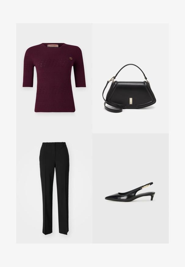 Burgunderfarbenes, geripptes Strickoberteil mit kurzen Ärmeln und Rundhalsausschnitt. Verfügt über dezente Ausschnittmuster und ein goldenes Logo auf der linken Brust.; Schwarze, taillierte Hose mit geradem Bein, aus einem glatten Stoff und mit klaren Falten an der Vorderseite. Keine sichtbare Hardware.; Schwarze Leder-Slingback-Pumps mit spitzem Schuhblatt, ausgestattet mit einem schlanken Absatz und einem goldfarbigen Akzent am verstellbaren Riemen. Glatte Textur.; Schwarze Lederhandtasche mit einem strukturierten Design, das eine verkürzte Form, einen oberen Griff und goldfarbene Hardware-Details aufweist. Verstellbarer Schulterriemen ist enthalten.