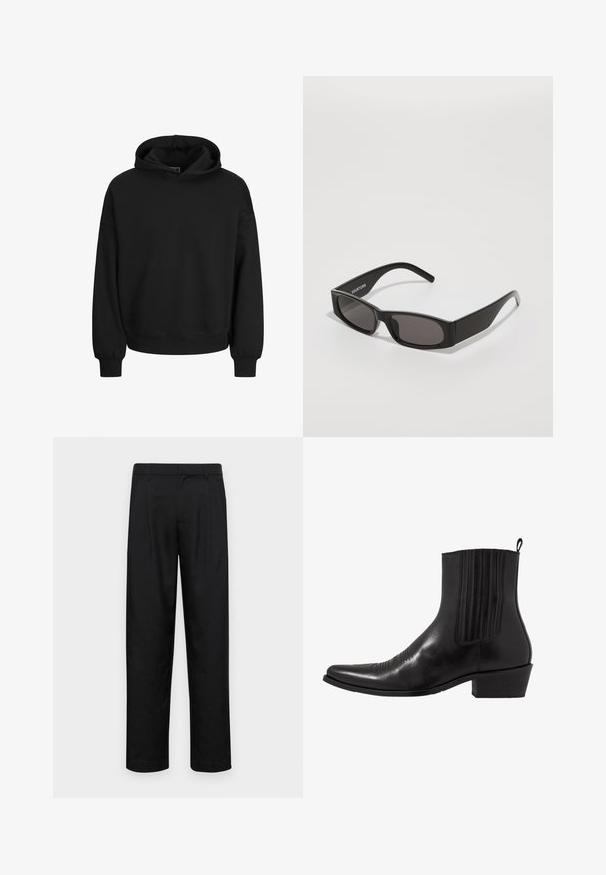 Sudadera negra fabricada con un tejido suave, con capucha ajustable, mangas largas y puños y dobladillo acanalados. Diseño sencillo sin patrones.; Pantalones negros de tela suave, con un diseño de pierna recta, dos pliegues frontales y una cintura estándar con trabillas para el cinturón.; Bota de cuero negro hasta el tobillo con punta afilada, paneles laterales elásticos, acentos de costura vertical y un tacón bajo y cuadrado.; Gafas de sol rectangulares negras con lentes oscuros, una montura de plástico suave y un logo sutil en el brazo izquierdo. Diseño minimalista.