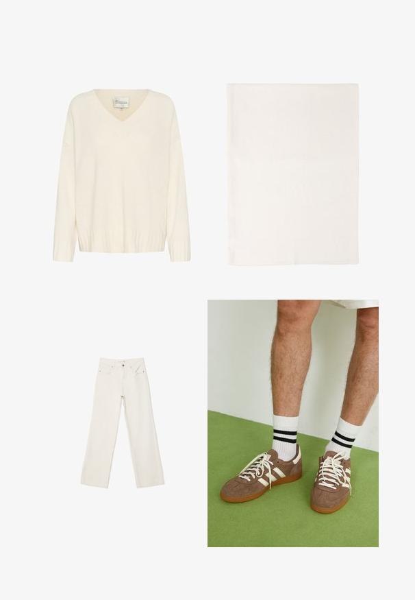Cream-colored knitted sweater with a V-neck, ribbed cuffs and hem, and loose fit. Label reads "My Essential Wardrobe," size M.; White wide-leg jeans made of denim, featuring a high-rise waist, front pockets, and a button closure. Clean design with minimal accents.; Brown suede sneakers with white accents and laces. Rubber gum sole. Worn with white socks featuring black stripes. Green textured flooring.; Soft cream-colored rectangular fabric folded neatly with visible subtle texture and fine stitching along edges.; Brown leather handbag with structured design, gold hardware accents, and a decorative flap. Includes a detachable shoulder strap.