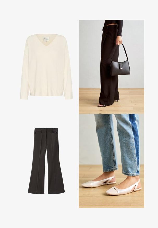 Pull en tricot couleur crème avec un col en V, des poignets et un ourlet côtelés, et une coupe ample. L'étiquette indique "Mon Garde-robe Essentiel", taille M.; Pantalons évasés noirs à taille haute ; dotés de deux poches avant et d'une texture de tissu lisse. Adaptés à diverses occasions.; Ballerines slingback rose pâle avec un bout pointu, fabriquées en un matériau semblable au cuir lisse. Présentent des découpes sur les côtés et un talon plat.; Sac à main noir à la forme structurée, texture lisse et fermoir métallique. Associé à un pantalon noir ample et des sandales ouvertes sur un sol en bois.