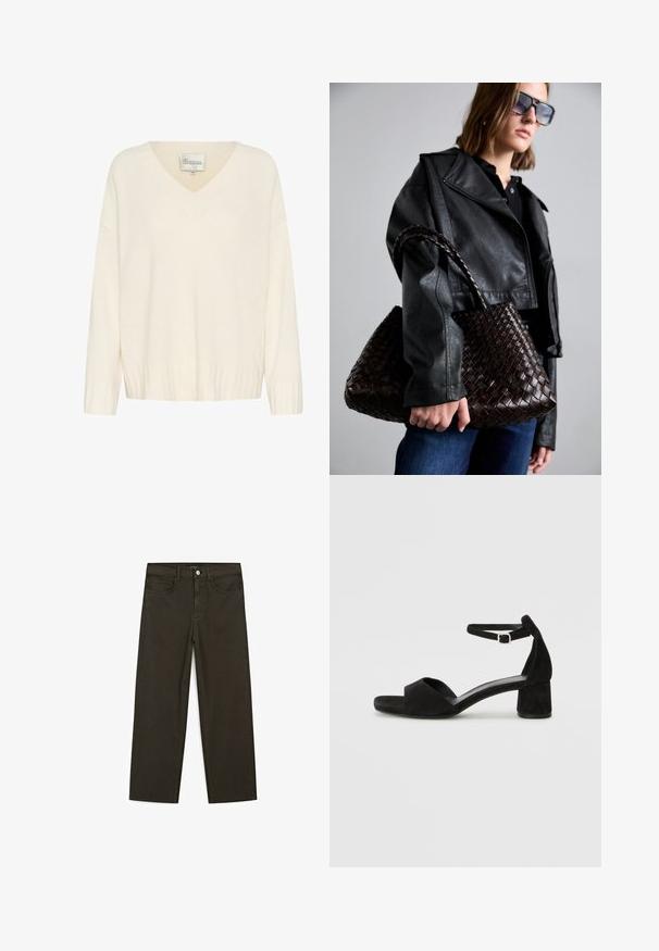 Maglione lavorato a maglia color crema con scollo a V, polsini e orlo a costine, e vestibilità ampia. L'etichetta riporta "Il mio guardaroba essenziale", taglia M.; Jeans a gamba larga di colore verde scuro, realizzati in tessuto misto cotone, dotati di chiusura con bottone frontale, cinque tasche e cuciture classiche in denim.; Sandali con tacco in suede nero, con una sottile fascia alla caviglia, design open toe e un discreto tacco a blocco. Texture liscia e decorazioni minime.; DRAGON DIFFUSION SANTA CROCE BIG - Borsa a mano - dark brown