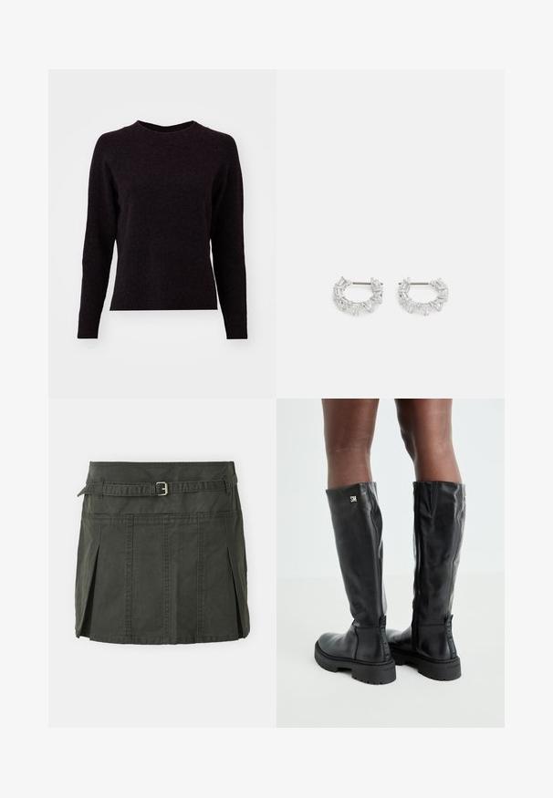 Tumehall villane sviiter pika varrukaga, ümar kaelus ja soonikkoes. Pehme tekstuur, lihtne kujundus ning nähtavaid mustreid või detaile ei ole.; Tume roheline puuvillane mini-seelik, mis on kätkestatud vöökoht, vöö ja esipleatiga. Omab õmblusdetailsusi ja klassikalist lõiget.; Mustad põlvikõrgused mustad nahast saapad, millel on sile tekstuur, ümar varvas, paks põhi ja tõmblukk. Küljel on hõbedane logo.; Hõbedased rõngakõrvarõngad, millel on selged, ristkülikukujulised ja kolmnurkse kujuga kristallid, mis on paigutatud mustriga disaini. Kõrvarõngaid kinnitavad postid, et tagada kindel kinnitamine.