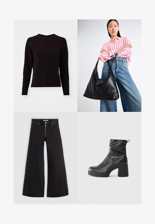 Sötétszürke kötött pulóver hosszú ujjal, kerek nyakkivágással és bordázott aljjal. Puha tapintás, egyszerű dizájn, és nincs látható minta vagy részlet.; Fekete denim széles szárú farmer, cipzáros elejével, öt zsebes kialakítással és diszkrét varrással. Sima textúra és laza stílus.; Fekete bokacsizmák sima bőrből, oldalsó cipzárral, vastag, texturált sarkú és lekerekített orrú dizájnnal.; Fekete bőr válltáska, laza formával és varrás részletekkel. A model egy rózsaszín és fehér csíkos inget visel széles szárú kék farmernadrággal.