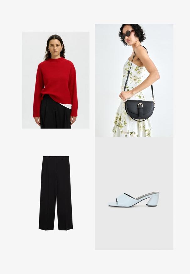 Rode gebreide trui met een hoge halslijn, verlaagde schouders en geribbelde boorden. Gepaard met een wit topje en zwarte broeken.; Zwarte wijde broek van een gladde stof, met plooien aan de voorkant en zijzakken, ontworpen met een rechte, relaxte snit.; Lichtblauwe open teen hakmules met een geometrisch ontwerp, voorzien van een brede band over de voet en een forse, hoekige hak.; Zwarte leren handtas met een gebogen vorm, afneembare schouderband en gouden hardware. De tas heeft een klep met een gespsluiting.