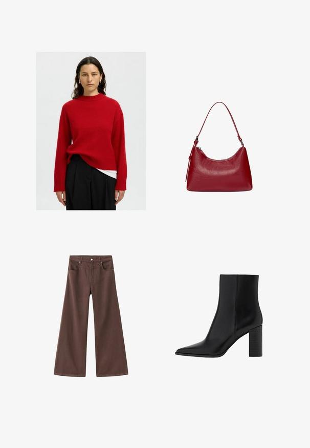 Czerwony sweter z dzianiny o wysokim kołnierzu, opuszczonymi ramionami i ściągaczami. Stylizowany na białej bluzce, zestawiony z czarnymi spodniami.; Brązowe dżinsowe spodnie o szerokich nogawkach. Posiadają pięć kieszeni, zamek błyskawiczny oraz metalowe nity. Gładka tekstura i klasyczny fason.; Czarny skórzany botek za kostkę z ostrywnym noskiem, kwadratowym obcasem, gładką fakturą oraz detalami szycia wzdłuż szwów. Wysokość obcasów wynosi około 3,5 cala.; Czerwona skórzana torebka na ramię o zakrzywionym kształcie, gładkiej fakturze i zamek błyskawiczny. Posiada cienką rączkę do noszenia.