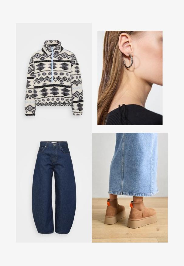 Fleece-pullovi, koji imaju polu-zatvarač s geometrijskim uzorkom u crnoj i sivoj boji na kremastoj pozadini, uz svijetloplave akcentue na zatvaraču.; Even&Odd Petite 2 PACK - Toppi - light grey/black; Tummansiniset korkeavyötäröiset farkut, joissa on leveät lahkeet, edessä nappi- ja vetoketjukiinnitys sekä klassinen viiden_taskun malli.; Ruske mokasine z platformo in elastiko na straneh ter oranžnimi zategovalnimi trakovi, v kombinaciji z osnovno dolžino svetle denim krila na lesenem podu.; Hopea renkaankorvakoru kiiltävällä pinnalla, jossa on pieniä kultaisia yksityiskohtia ja pyöreä muoto, käytetty korvalla.