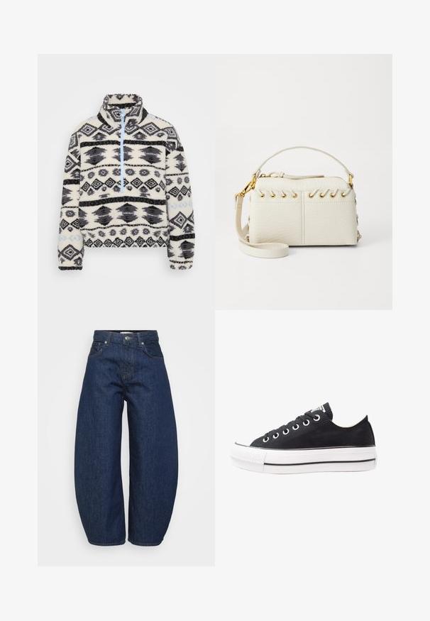 Sudadera de forro polar con diseño de media cremallera, que presenta un patrón geométrico en negro y gris sobre un fondo crema y detalles en cremallera azul claro.; Even&Odd Petite 2 PACK - Top - light grey/black; Jeans de mezclilla oscuros de tiro alto con piernas anchas, cierre frontal con botón y cremallera, y diseño clásico de cinco bolsillos.; Zapatilla de lona negra con suela de goma blanca, punta redonda, diseño bajo, ojales de metal y una cubierta de punta texturizada. Raya negra delgada a lo largo de la suela.; Bolsa de mano de imitación cuero blanca que presenta una cremallera superior, un asa corta y una correa de hombro desmontable con herrajes en tono dorado. Detalle de cordones en los lados.; Pendiente de aro de plata con un acabado pulido, que presenta pequeños detalles en dorado y una forma redonda, llevado en el lóbulo.