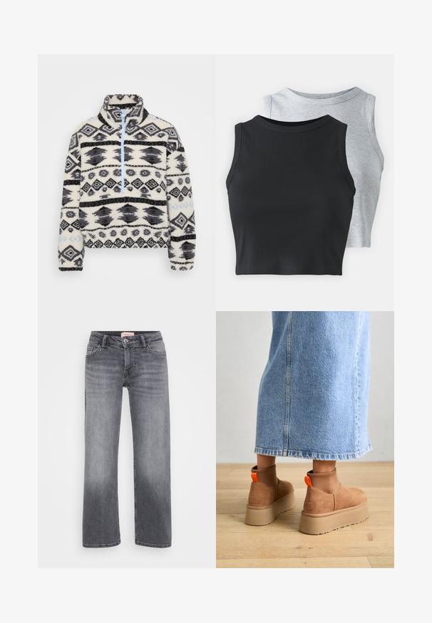 Pullover in pile con design a mezza zip, caratterizzato da un motivo geometrico nero e grigio su sfondo crema e dettagli in azzurro chiaro alla zip.; Even&Odd Petite 2 PACK - Top - light grey/black; Jeans in denim grigio con design a gamba dritta, stile a cinque tasche, leggera sbiaditura e chiusura con bottone in vita.; Stivali platform in suede marrone con pannelli laterali elastici e linguette arancioni, abbinati a una gonna di jeans chiara, lunga fino al ginocchio, su un pavimento di legno.