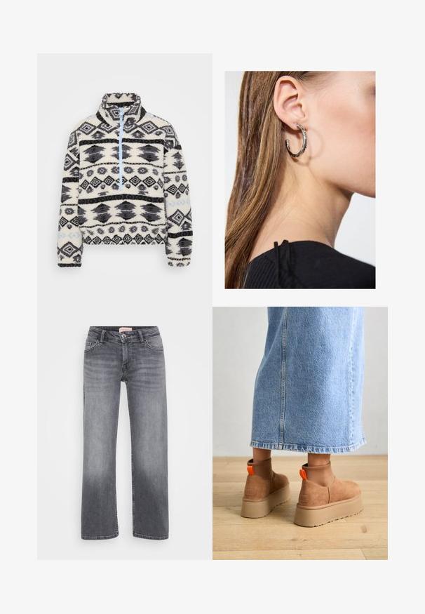 Pull en polaire avec une fermeture éclair mi-longue, présentant un motif géométrique noir et gris sur fond crème et des accents de fermeture éclair bleu clair.; Jean en denim gris avec un design à jambe droite, style cinq poches, décoloration subtile et fermeture à bouton à la taille.; Bottes en suède brun à plateforme avec des panneaux latéraux élastiques et des languettes orange, associées à une jupe en denim clair arrivant au genou sur un sol en bois.; Boucle d'oreille en argent avec une finition polie, présentant de petits détails en or et de forme ronde, portée sur le lobe.